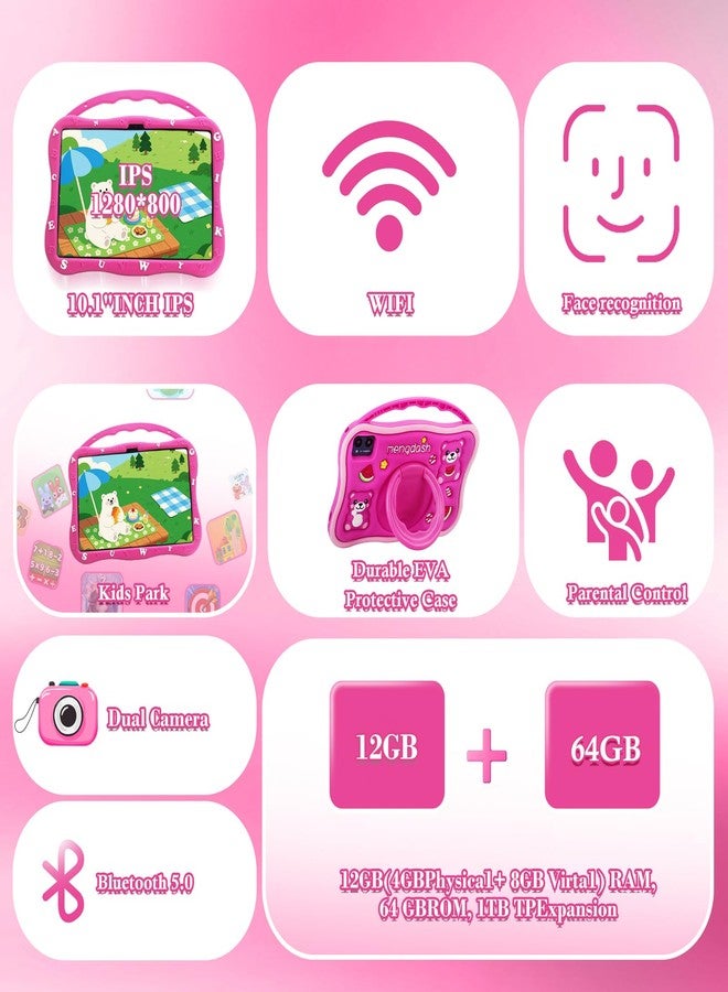 MengDash Kids Tablet, 10.1 inch Tablet for Kids, Educational Learning Toddler Tablet Android 14, 12GB RAM+64GB ROM Storage, 5G WiFi,for Baby Girl boy 3-10(Red) - Image 2